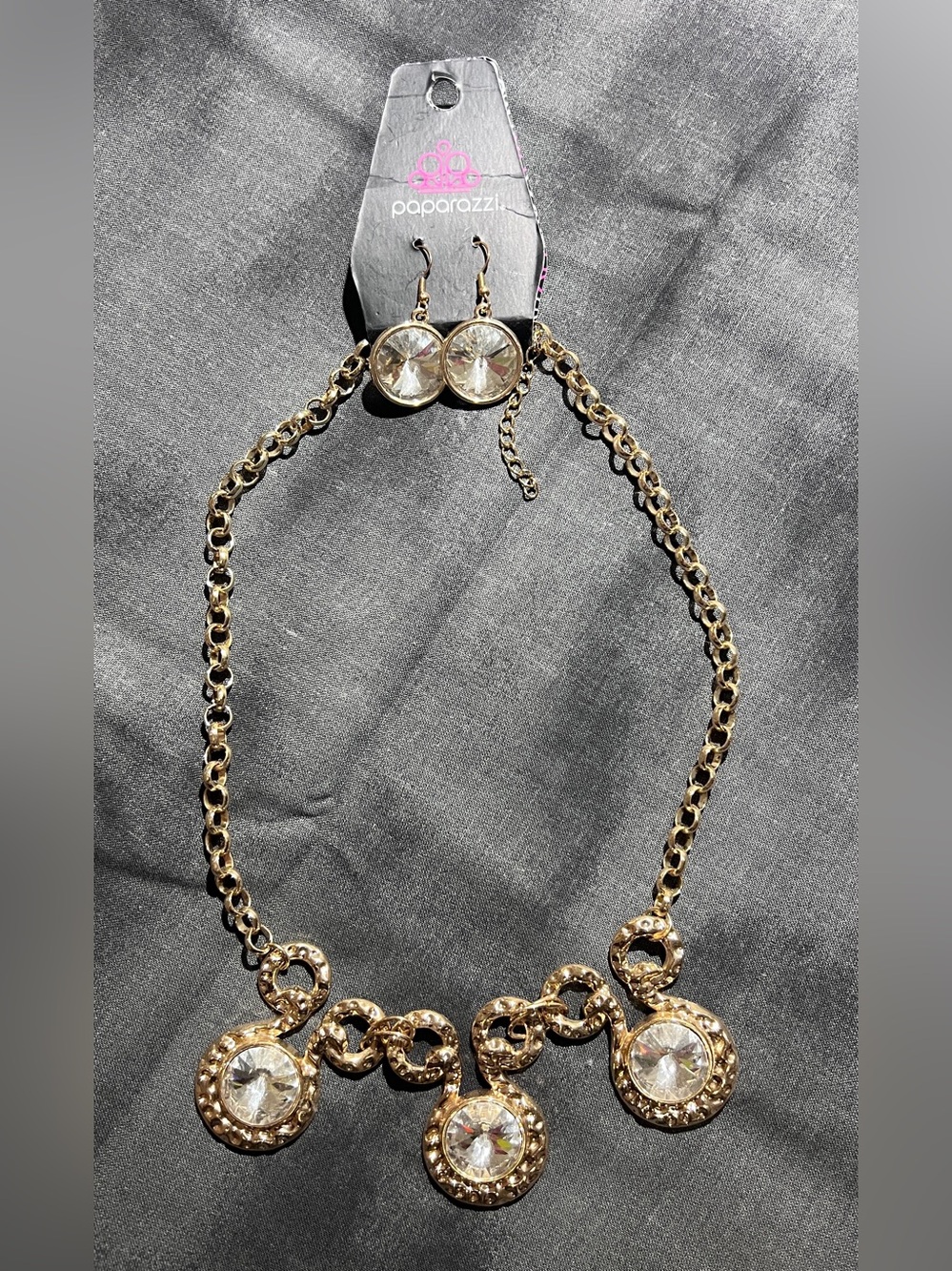 Paparazzi Gold and Clear Crystal Bib Necklace with Matching Drops